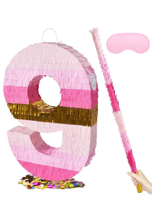 20 Inch Number 9 Piñata Pink Gold with 30 Inch Piñata Stick Blindfold Confetti for Boy Girl Kids Birthday Party Decorations, Anniversary Celebration, 