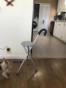 Walking cane with fold down seat.