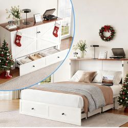 PUREMIND Full Size Murphy Bed Cabinet with Mattress, Hideaway Chest Beds Frame with Storage Drawers, USB Charging Ports - Space Saving Cabinet Bed for