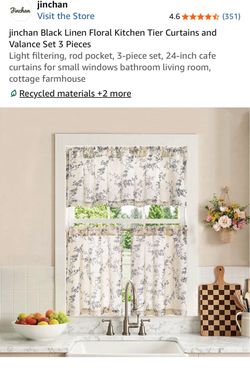 Jinchan Black Floral Kitchen Tier Curtains and Valance Set