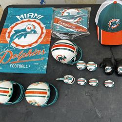NFL Dolphins Lot Helmets Hat Lunch bag Display Mini Helmets Smoke Pipe Gloves Piggy Bank 
