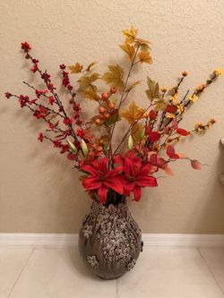 Large 3D Brown Flower  Ceramic Vase with Fall Season Color Fake Flowers