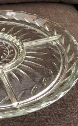 Cut Glass Serving Platter 10” Diameter • Divided Sections • Heavy/Quality Party Hostess Plate