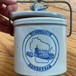 Vintage Cheese Crock, Wisconsin Homestead Blue Label, Farmhouse Country Decor, Storage Jar