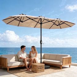 15Ft Large Outdoor Double-Sided Rectangle Umbrella with Base-Mounted, Foldable And Portable Sunshade For Pool, Beaches And Patio, Khaki