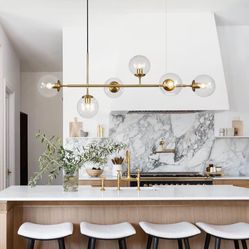 Modern Linear Chandelier - 6-Light Brass & Glass Orb