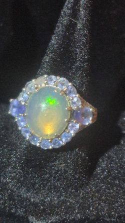Genuine Ethiopian Opal & Tanzanite & White Zircon 925 Silver - Size 6 / M Cocktail Ring