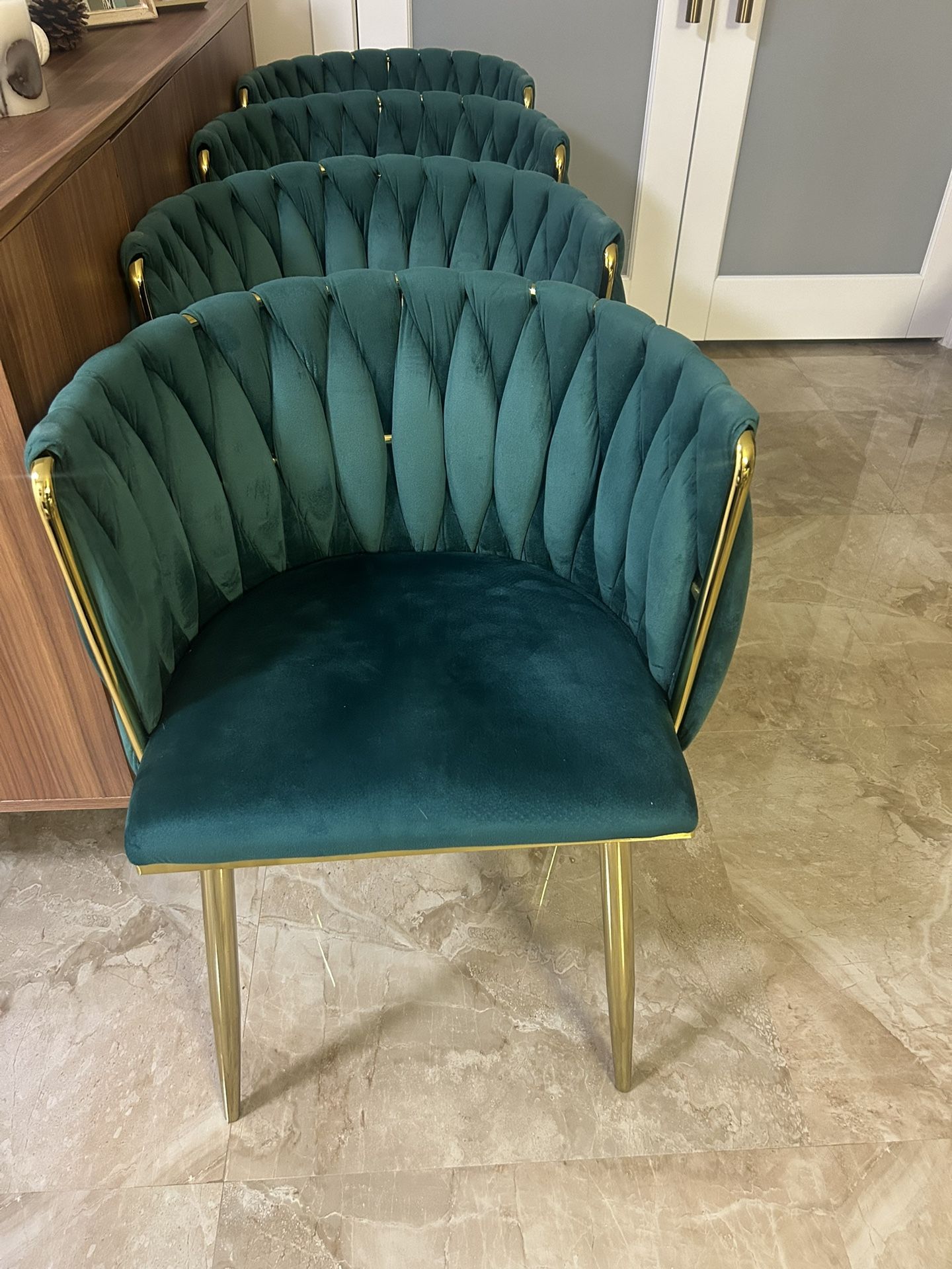 Nrizc Woven Dining Chairs Set of 4, Velvet Upholstered Dining Chairs with Gold Metal Legs, Modern Accent Chairs for Living