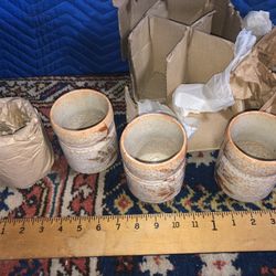 4 Japanese Mid Century Glazed Stoneware Cups (50 Years New In Box)