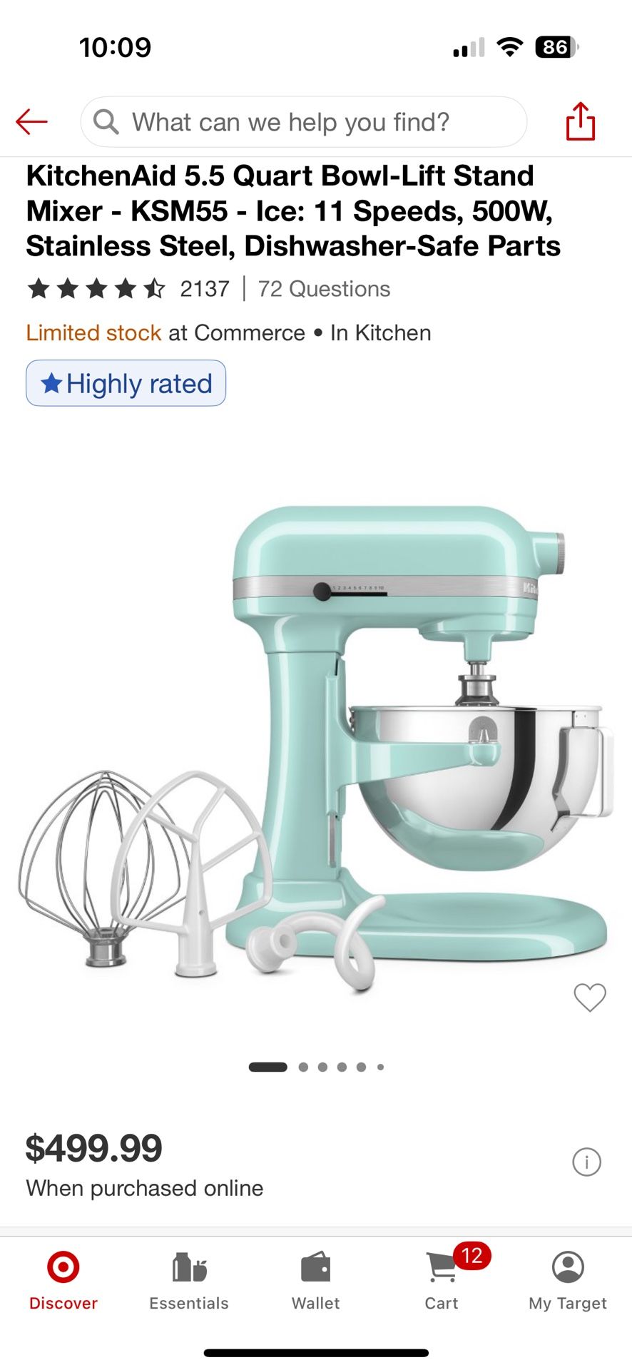 Kitchen Aid 5.5 Quart Bowl Lift Stand Mixer