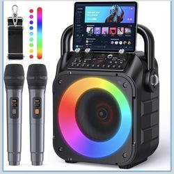 Karaoke Machine, Portable Bluetooth Speaker with 2 Wireless Microphones for Adults & Kids with Lights, Karaoke Microphone with PA System Supports USB/
