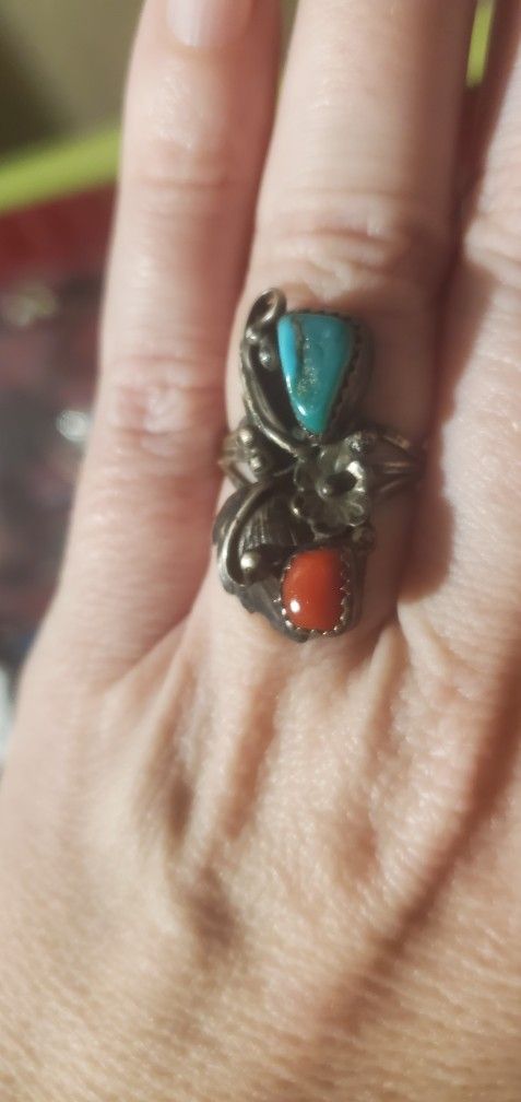 2 Sterling Silver Vintage Rings With Turquoise And Coral