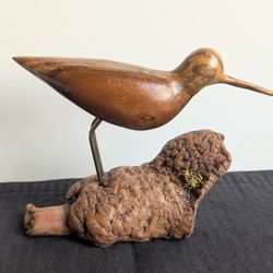 Vtg Handcarved Wood Sandpiper Bird Art Sculpture on Driftwood Base MCM Signed