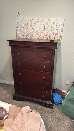 Dark Cherry Wood 5-Drawer Tall Dresser