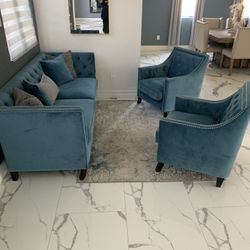 Blue velvet studded sofa set