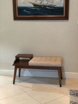 MCM Style Upholstered Fabric Walnut Bench With Storage Shelf - NEW