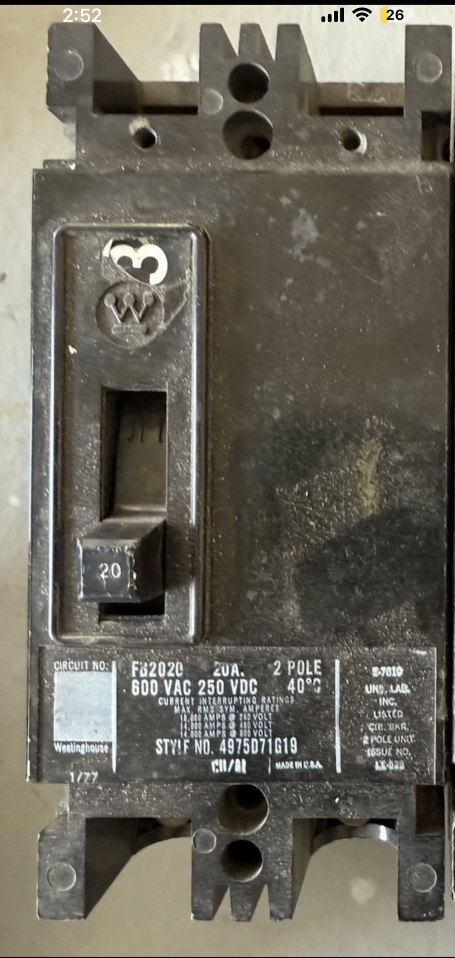 Westinghouse FB2020 Circuit Breaker 20 Amp 600 Volt 2 Pole 14K
