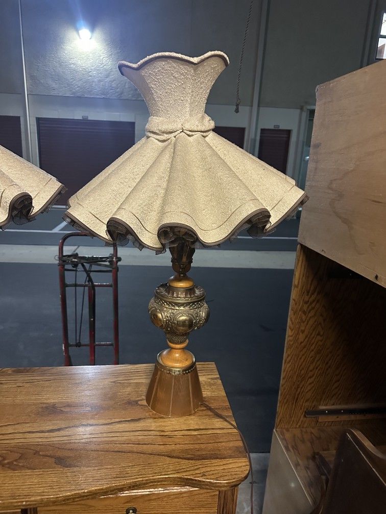 Vintage Wood And Patinated Table Bronze Table Lamps