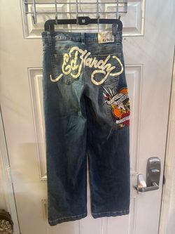 Ed Hardy Women's Brave Hearts Stay True Eagle Wide Leg Jeans Med Vintage Wash 26W/30L