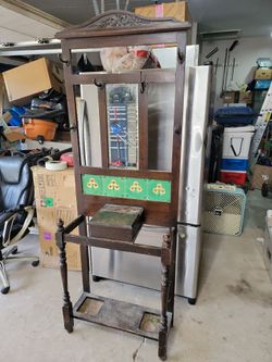 Wood Hall Tree Stand with Mirror, Coat Hooks & Umbrella Tray, Free Standing