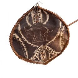 Large African Maasai Hide Shield w/ Rhinoceros Motif – Tribal Wall Display – 28″