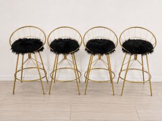 Set of 4 Gold Swivel Bar Stools with Black Faux Fur Seats - Like New