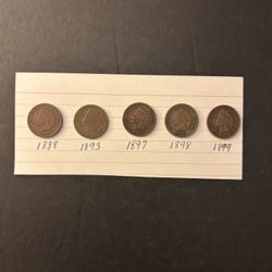 Coins – Indian pennies – 1888/93/97/98/99 – over125 years old – Total 5 coin 