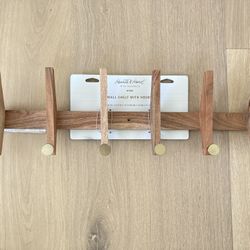 New Hearth & Hand Magnolia Mango Wood Brass Wall Shelf With Hooks Coat Rack, 26”, Mid Century Modern Style 