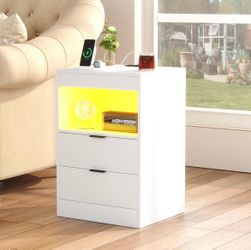 LED Nightstands Set of 1  with Wireless Charging Station, White