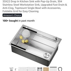 33X22 Drop In Kitchen Sink with Pop-Up Drain, 304 Stainless Steel Workstation Sink, Upgraded Fast Drain & Anti-Clog, Topmount Single Bowl with Accesso