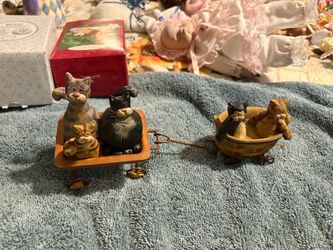 Cat Figurine Set with Wagon and Tub