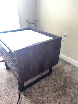 Williams Sonoma Modern Slatted Wood Nightstand with Marble Top