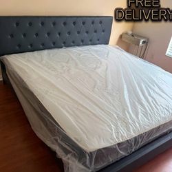 QUEEN size bed frame with mattress new Platform bed frame faux leather headboard free delivery
