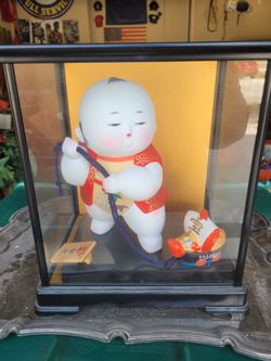 Porcelain Japanese Doll In Glass Case