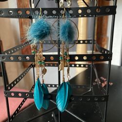 Gold And Teal Color Long Feather Earrings 