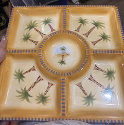 New never used. Yellow Clay Art Mirage Palm Tree Hand Painted Large 19" Square Platter Glossy. This is big and beautiful located off lake mead and Sim