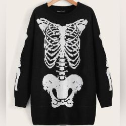 SHEIN Black/White Skeleton Graphic Knit Crew Neck Pullover Sweater M