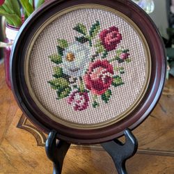 Vintage Round Floral Needlepoint Wall Art Framed Roses 7" Diameter Cottage Decor