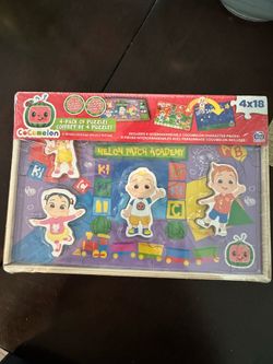 Cocomelon 4 pack of puzzles 4x18, unopened wooden box with slide top, 8 interchangeable characters, new, no holds