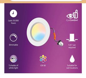 4 Pack PHILIPS LED Retrofit Downlight, 5/6 Inch, Soft White to Daylight, 5 CCT Settings, Easy to Install, Dimmable, CRI 90, 50000 Hour Lifetime, EyeCo