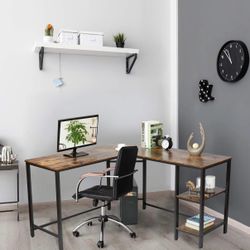 L-Shaped Computer Desk with Shelves | Rustic Brown & Black (this week)