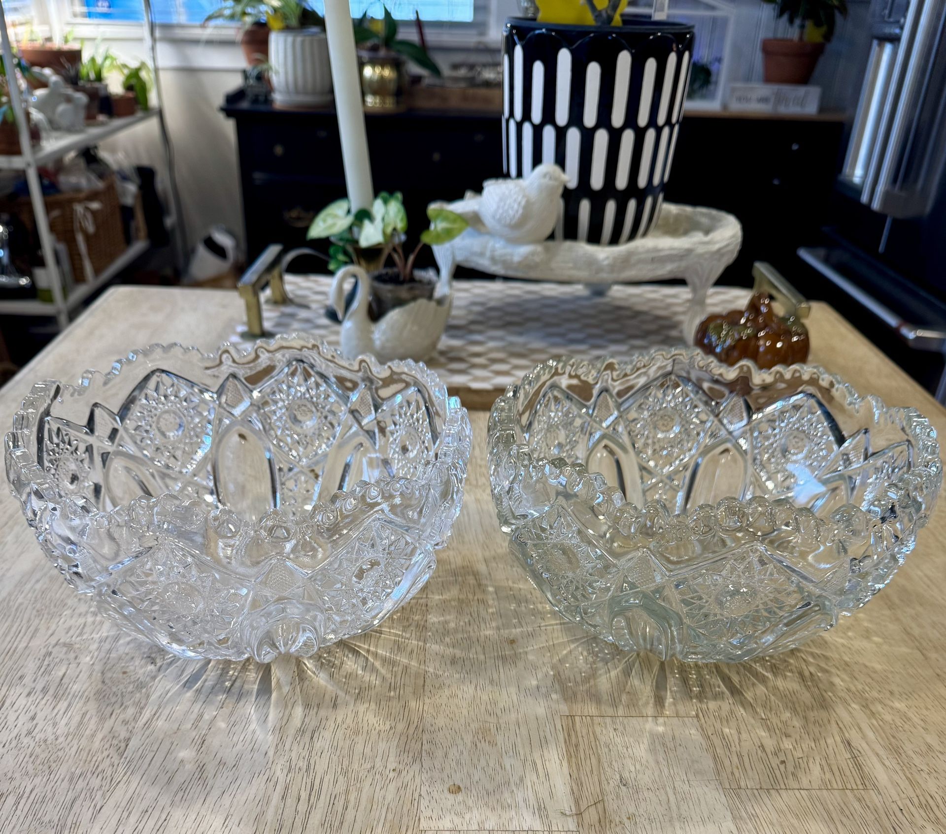 ✨ Vintage L.E. Smith Hobstar Pressed Glass Serving Bowls (Set of 2) - EAPG