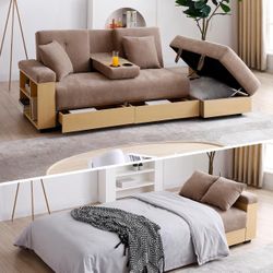 Taupe Convertible Futon Sofa Bed With Storage Ottoman 