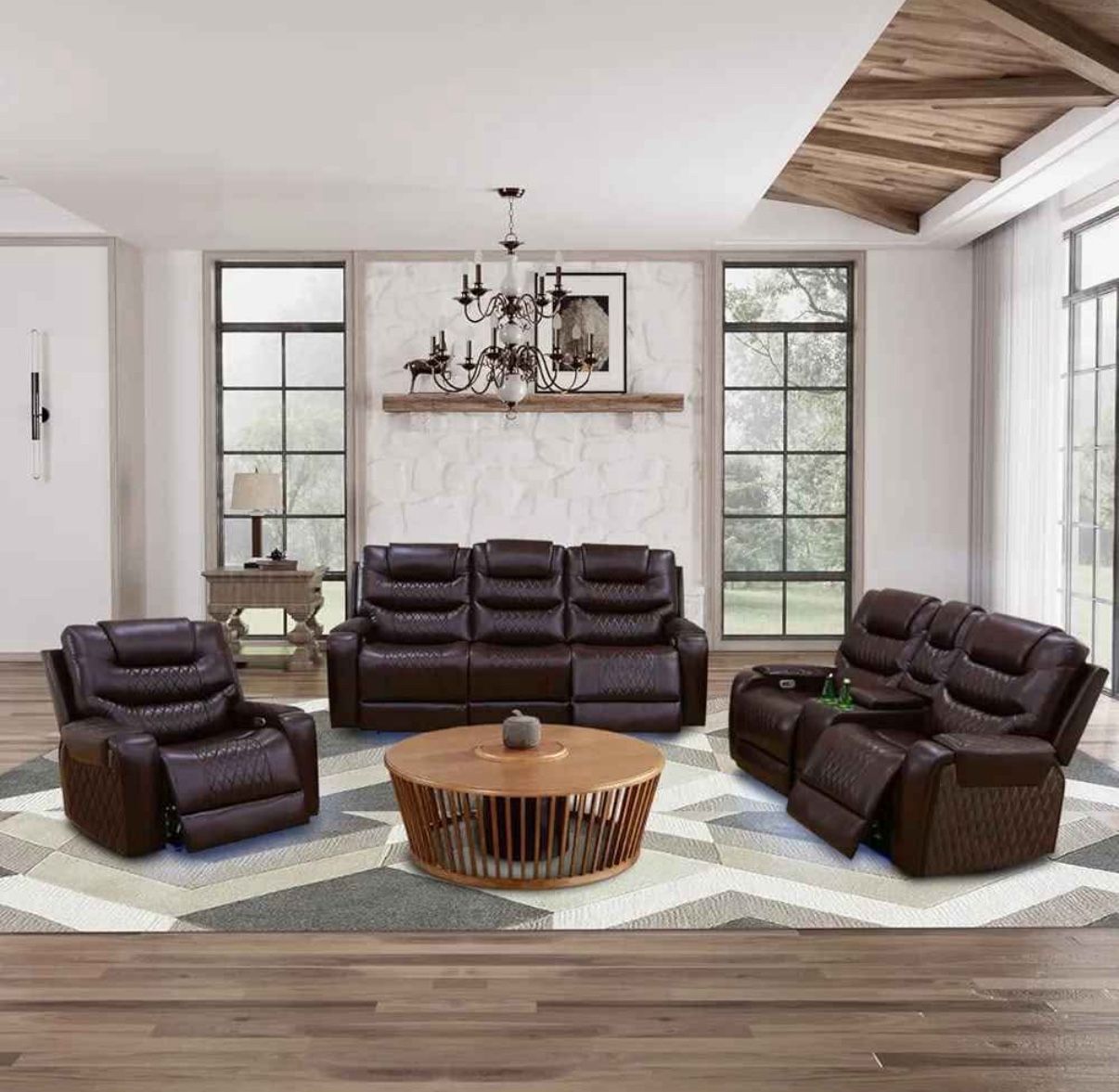 New Brown Power Reclining 3 Pc Set — Sofa • Loveseat • Chair