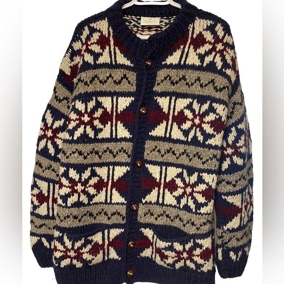Cardigan sweater chunky knit wool blue maroon geometric handmade pockets Sz L