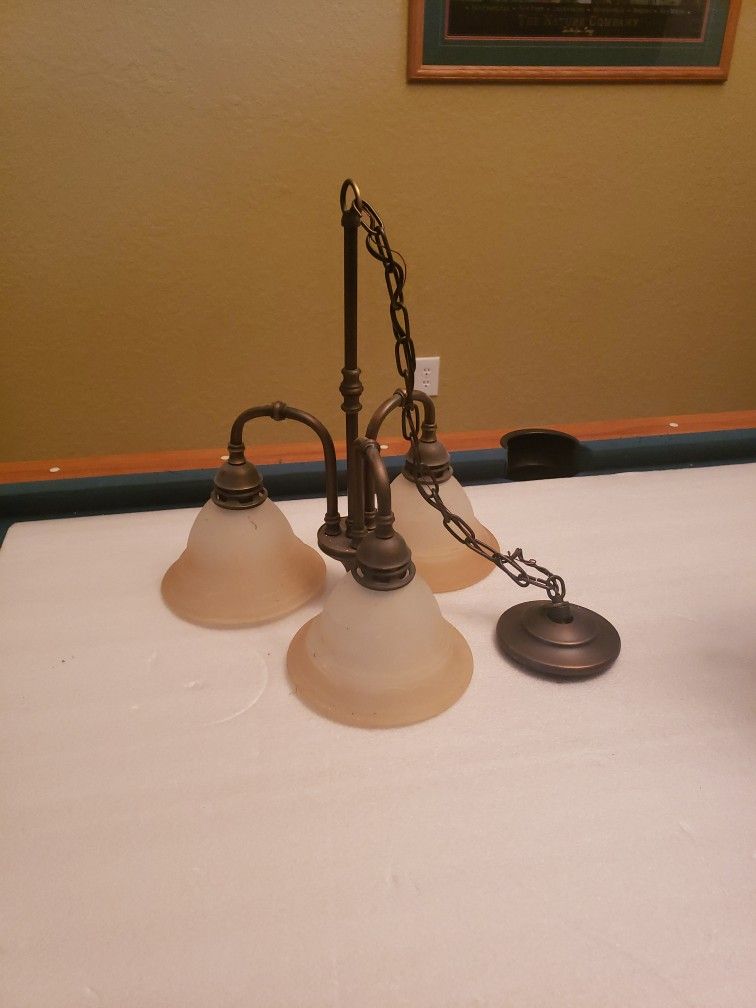 Antique Bronze Light Fixture With 3 Frosted Glass Bowls