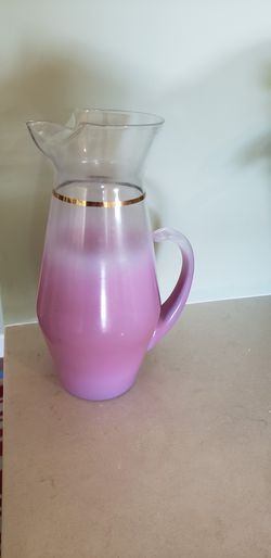 Glass Carafe with 5 matching glasses. Pink with gold trim. Thumbnail