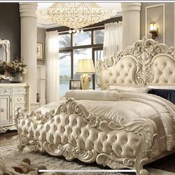 king size bed frame High-End Victorian king size Set with Tufted Leather Bed