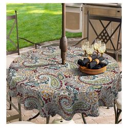 New Round Tablecloth with Umbrella Hole Zipper, Decorative Circular Table Cover for Home Garden, 60 Inch, Paisley Chilli