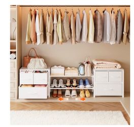 Closet Organizers & Storage, Fabric Drawer Dresser with Shoe Rack Expandable 46"-57.7" Wide, 6 Fabric Drawers, 2-Tier Shoe Shelf, Waterproof Wood Top,